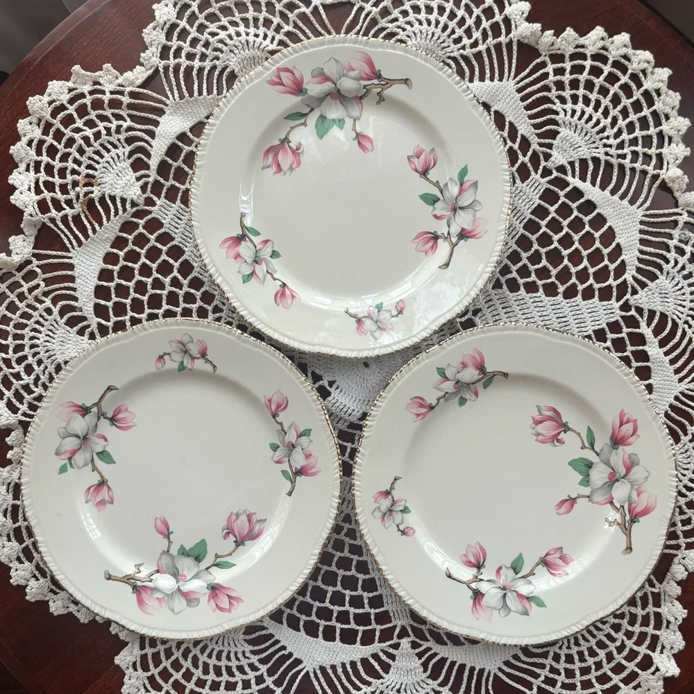 Vintage Pink Floral Plates Homer Laughlin Dogwood Gold Trim Fine China 3 Pc Set